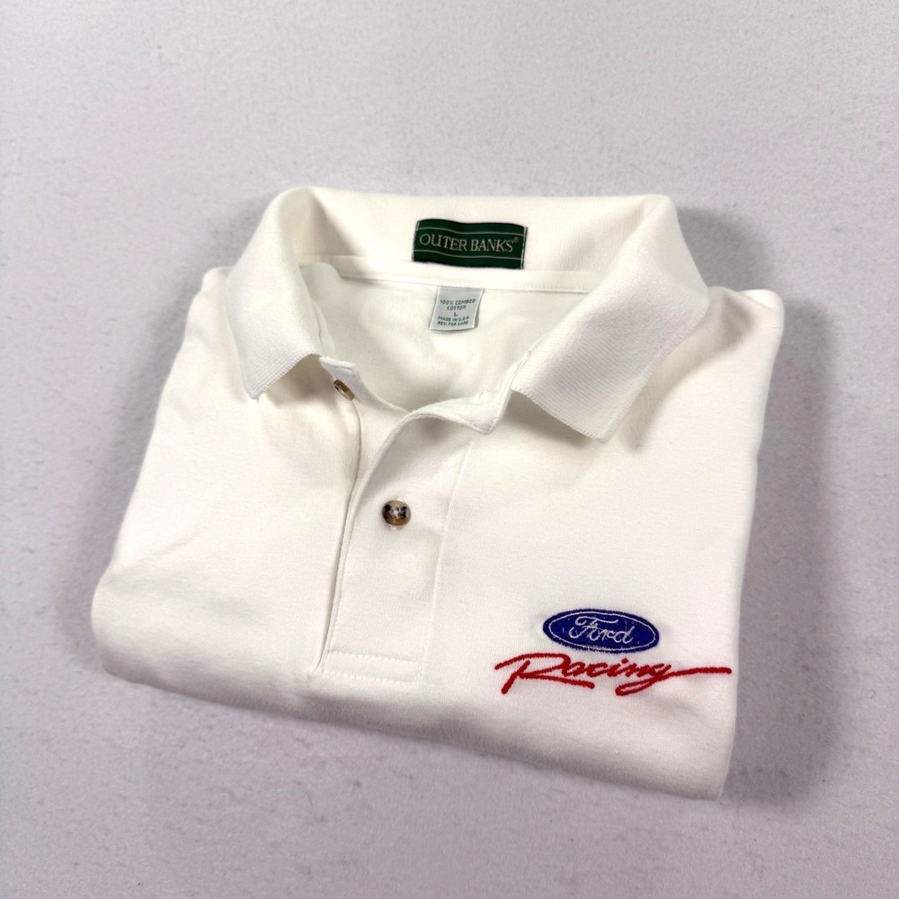 Vintage 90s Nascar Ford Racing Polo Shirt White Large Made in USA Outer Banks - Picture 2 of 9